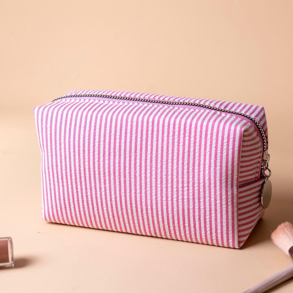 Striped Embroidered Travel Cosmetic Bag Portable Toiletry Organizer for Women Makeup Storage Pouch