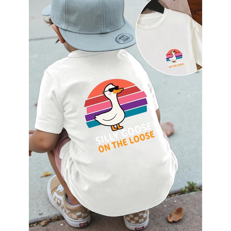 European sizes Boys' Fashion Casual Short-Sleeve T-Shirt with Front and Back Print, Funny Goose Design, Vintage Rainbow Print
