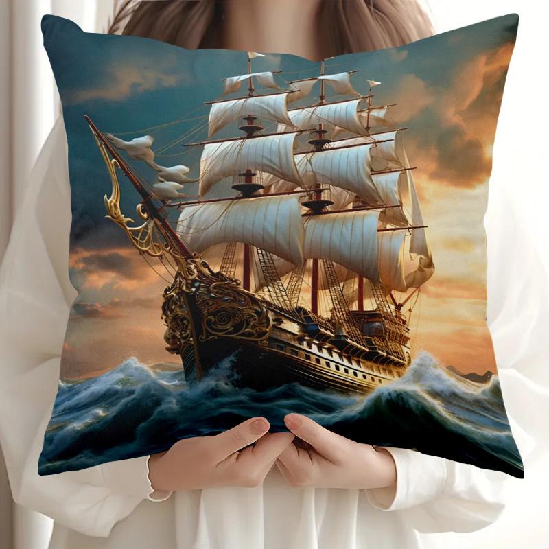 Sailboat Motif Soft Cushion Covers For Beds Sofas Lounge Chairs Nautical Home Decorative Pillowcase 16X26Inch Set Of 2