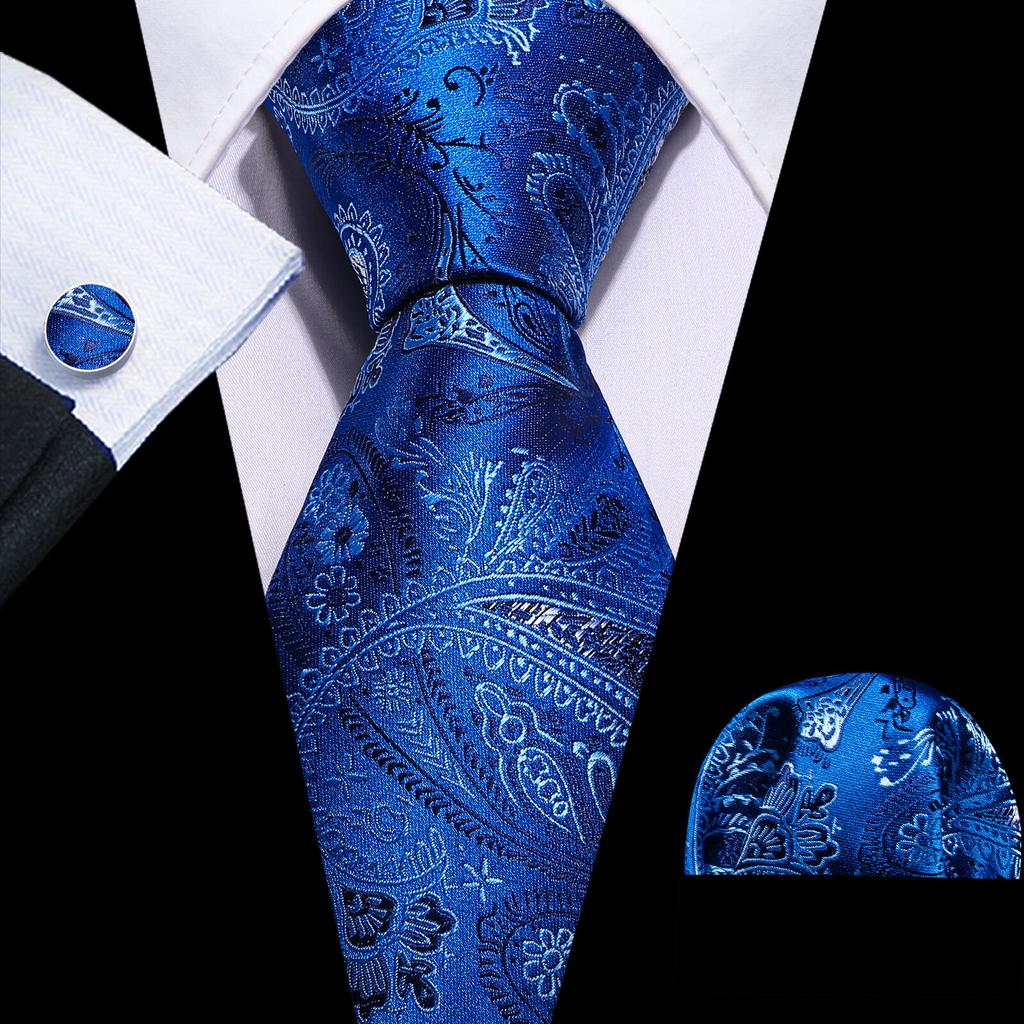 Barry.Wang Classic Tie for Men Woven Silk Striped Neckties Handkerchief Set Cufflinks Formal Casual