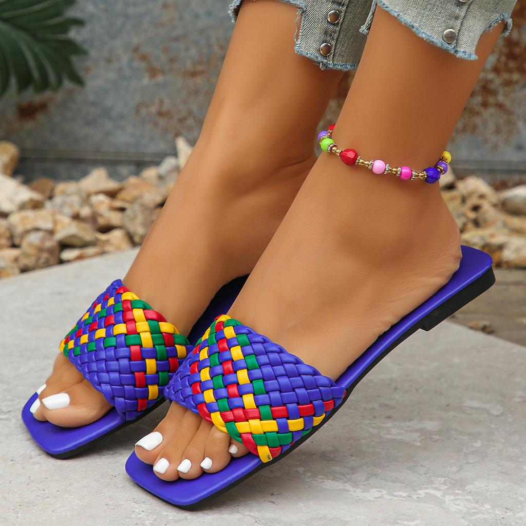 Мода 2025Женские тапочки Дизайнерские тапочки с квадратным носком Летние шлепанцы с открытым носком Пляжные шлепанцы Модные плетеные вручную тапочки для женщин Слайды