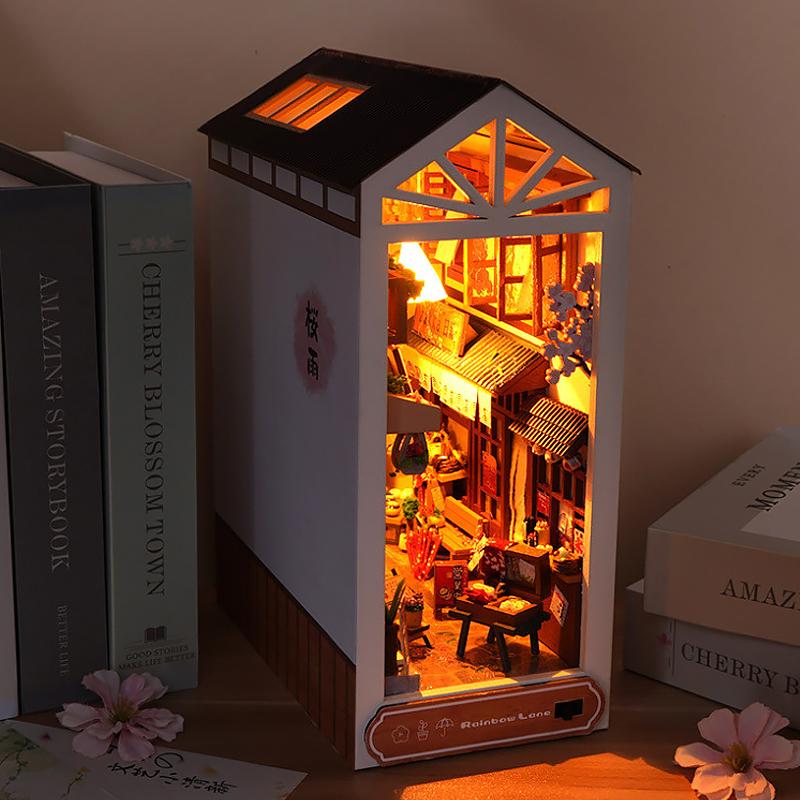 Набор для книжной полки Кукольный домик Деревянный с подсветкой DIY Кит для книжного уголка 3D Пазл Сборная модель Здание Книжные полки Подарки на день рождения для взрослых