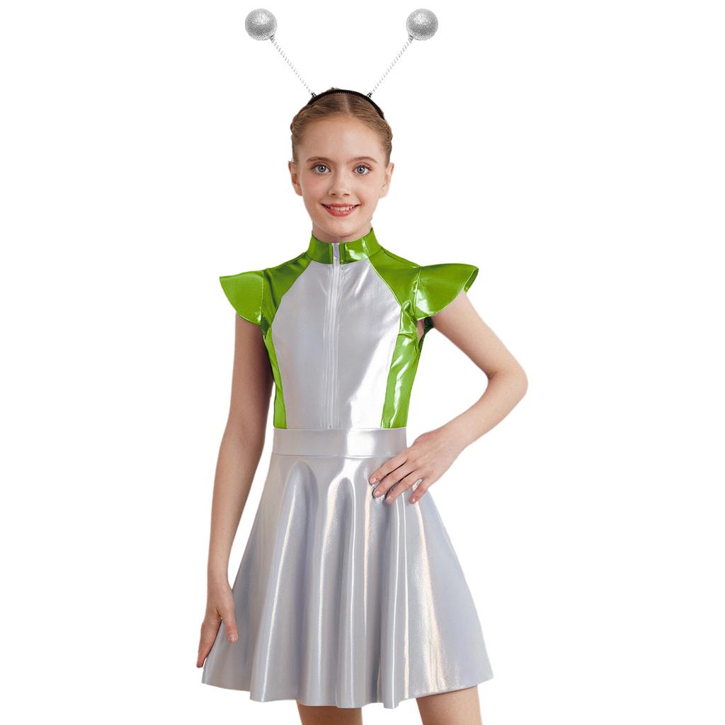 Girls Alien Costume Set Cap Sleeves High Waist Design A-Line Dress Outer Space Cutie Outfit Hair Hoop Included