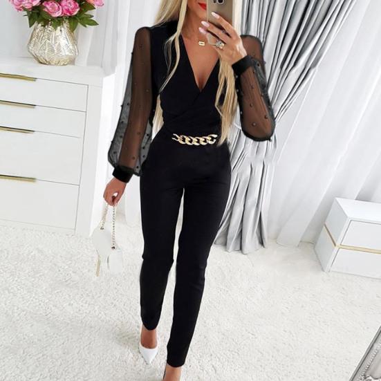 Женский комбинезон с аппликацией в виде розы, прозрачная сетка, декор в виде цепочки, приталенный, с V-образным вырезом, с высокой талией, однотонный