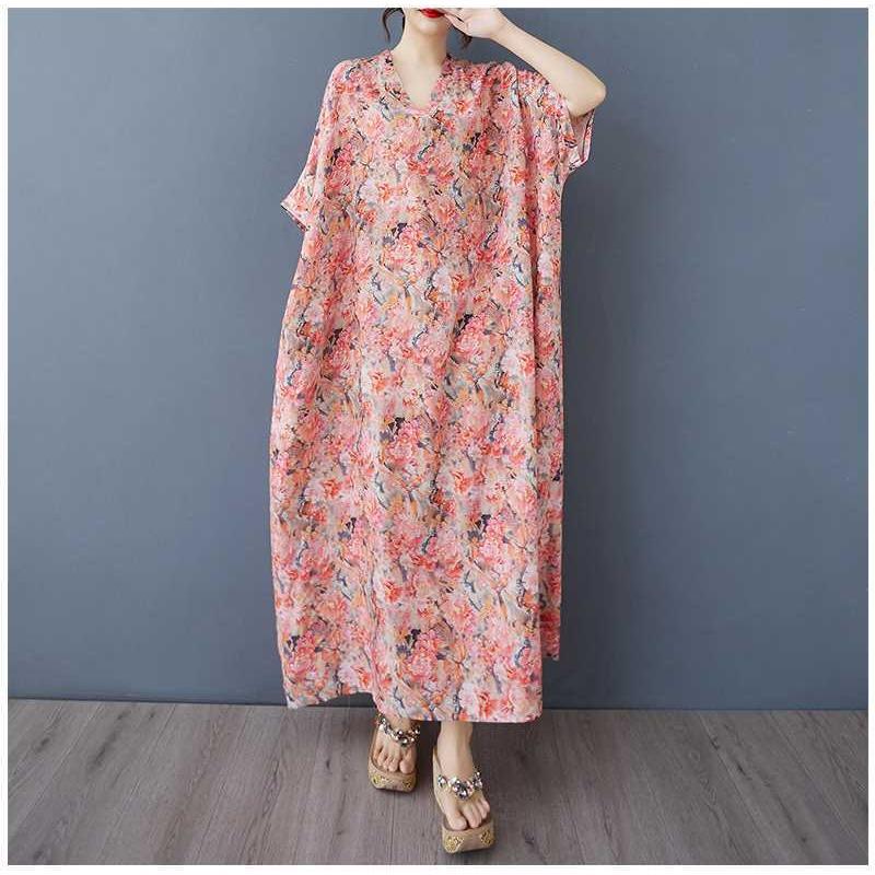 Women's Vintage Long Dress with Cotton and Linen Patterns