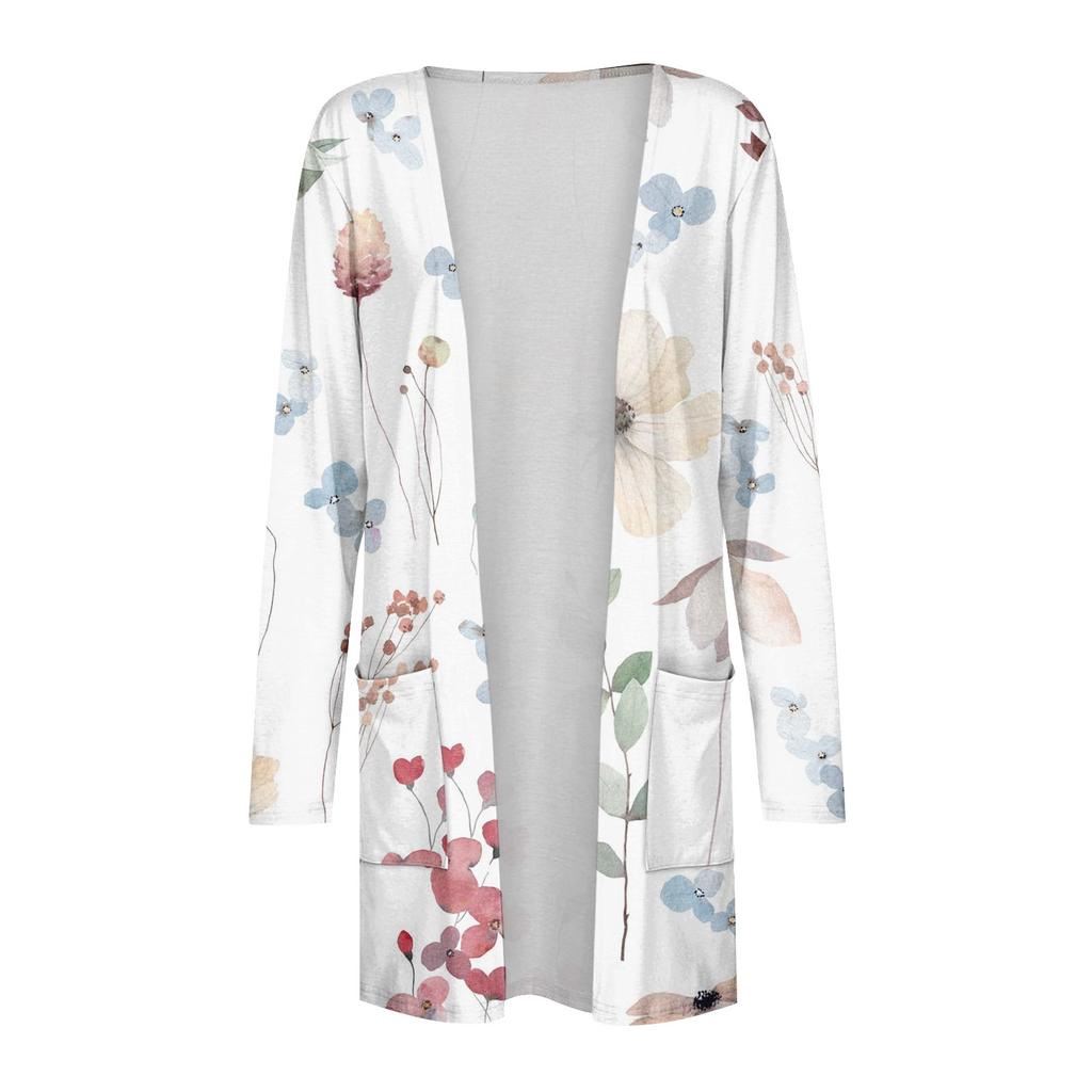Женская модная свободная повседневная куртка-кардиган с карманом и цветочным принтом, топы с длинными рукавами
