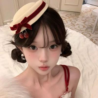 Velvet Bow Cherry Hat Hairpin Headdress Women Hairpin Elegant Round Hat Hair Clip Girl