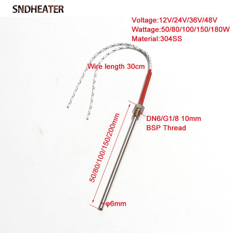 SNDHEATER 1pc Threaded Cartridge Heater 304 Stainless steel Heating Rod DN6 G1/8 10mm BSP Thread 6x50-200mm Tube 12V/24V/36V/48V
