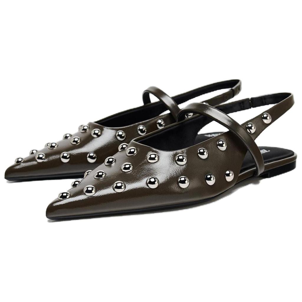 Zara Fashionable Metal Rivet Pointed Flat Backless Casual Shoes Women Flats Gray Brown 13584510-38