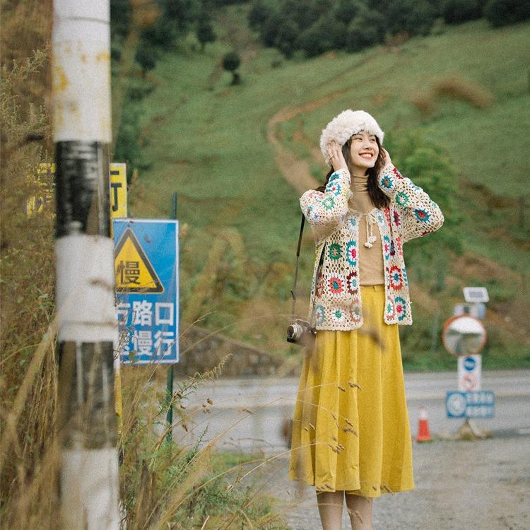 Women's Handmade Crochet Cardigan Knit Sweater Hollow Out Jacket Ethnic Long Sleeve Top