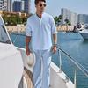 2024 Men's Solid Color Cotton Linen Henley Shirt & Long Pants Set - Autumn/Winter Casual Wear