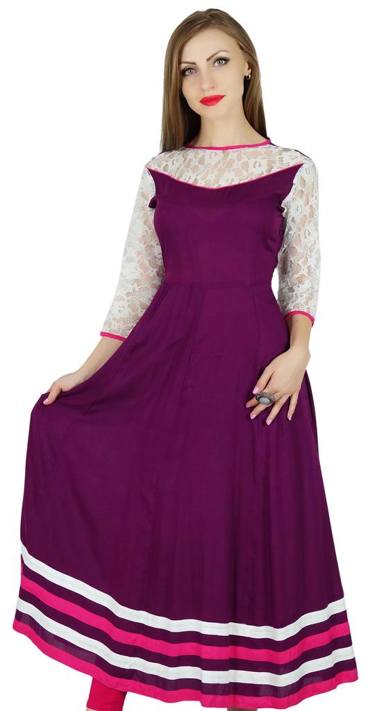 Bimba Women Anarkali Kurta Kurti Purple Sheer Lace Sleeve Indian Ethnic