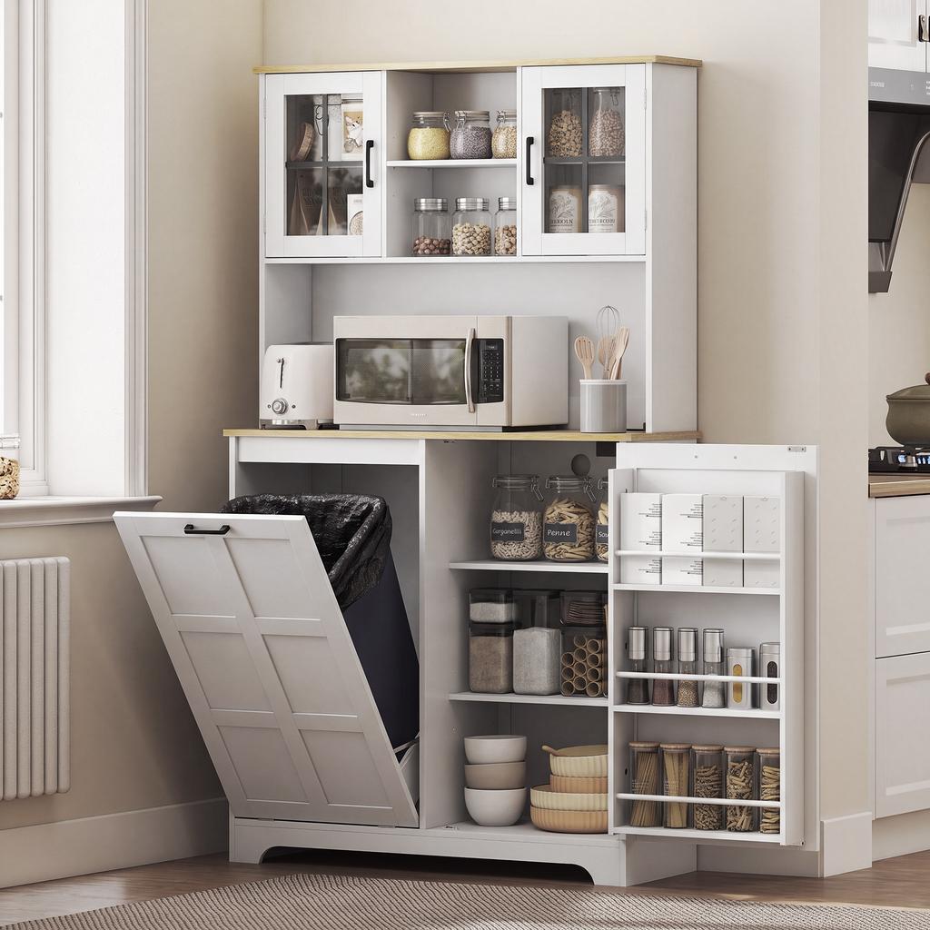 175cm Tall Kitchen Cabinet, Kitchen Cupboard with Rubbish Bin Cabinet, 3 Door Shelves and 2 Acrylic Doors, White
