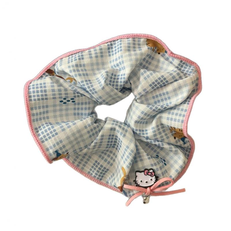 Spring new style cat bow tie plaid scrunchie, sweet and cute girl ponytail scrunchie hair accessory, 2-piece set