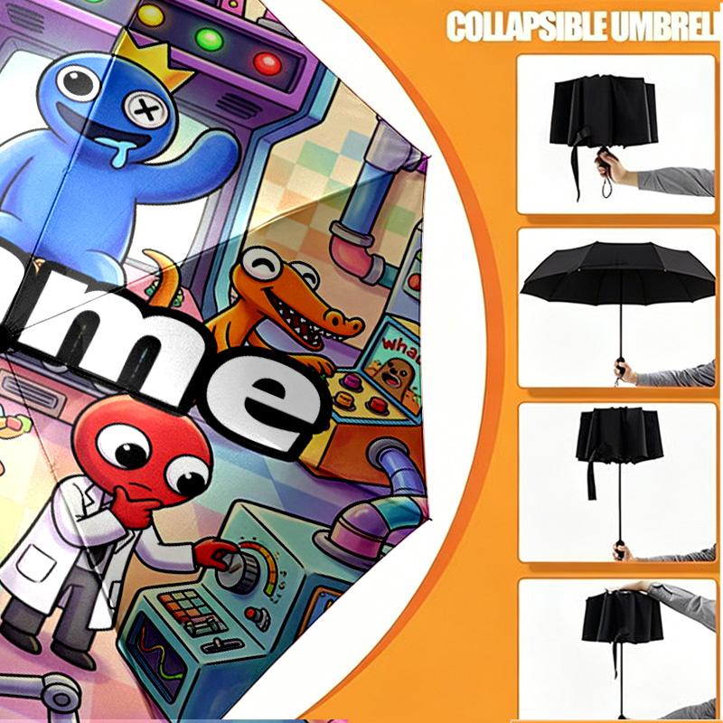 Custom Name Personalized Game Rainbow Friends Print Umbrella, Auto Open Close, 8‑Rib Sturdy Frame, Commute Camping Hiking Use, Birthday Gift