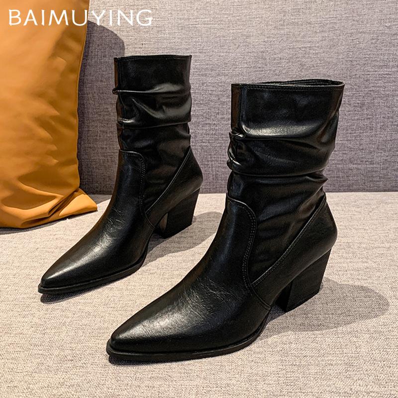 Ботильоны со складками, острый нос, толстый каблук средней высоты, зимняя женская обувь 2025 года, трендовые дизайнерские классические готические туфли-лодочки Chelsea Botas Mujer