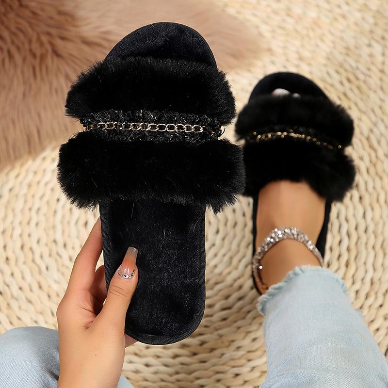 Fashion Luxury Pearl Decor Home Fur Slippers Women Winter Indoor Cozy Open Toe Fluffy Slides Woman Mixed Color Plush Warm House Slippers