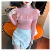 Spring and Autumn Women's Knitwear Half-high Neck Lace Ruffle Splicing Knit Sweater Temperament Pullover Bottoming Shirt Long-sleeved Tops