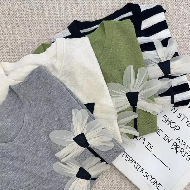 Футболка с круглым вырезом и короткими рукавами из ледяного шелка с летним дизайном и объемным цветочным декором, тонкий топ