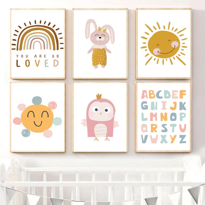 Colorful Alphabet Rainbow Sun Rabbit  Wall Art Canvas Painting Nordic Posters And Prints Wall Pictures For Baby Kids Room Decor No Frame