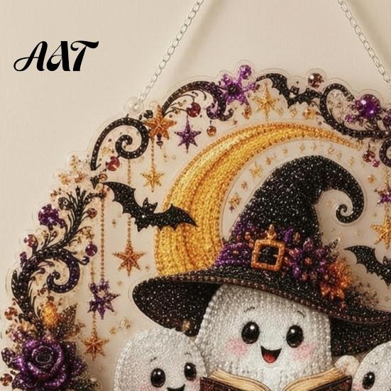 Fun Diamond Painting Activity Sets Halloween Ghost/Owl Art Hanging Ornament Kit, Seasonal Home Decor Suncatcher, DIY Pendant Window Decorative