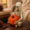 Wear-resistant Resin Craft Skeleton Holding Pumpkin Figurine, Grim Reaper Statue, Halloween Gothic Shelf Decor Spooky Table Ornament, Trick