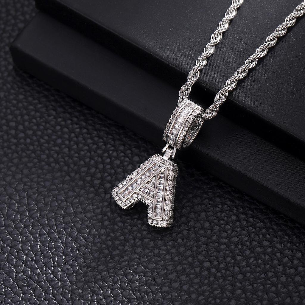 Zircon Inlaid Rock Sugar Initial Pendant Necklace - European & American Hip-Hop Style
