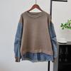 Вязаный свитер из денима с нашивками, топ, осень-зима, новый дизайн, свободный, имитация двухслойного свитера, пуловер, женский