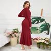 Women's Spring and Autumn V-neck Long-sleeved Slim Temperament Fishtail Dress Knitted Long Dress