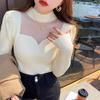 Spliced Mesh Pullovers Women Fashion Half High Sweater Women Autumn Winter Knitted Tops Long Sleeve Slim Fit Knitwears Clothes 28989