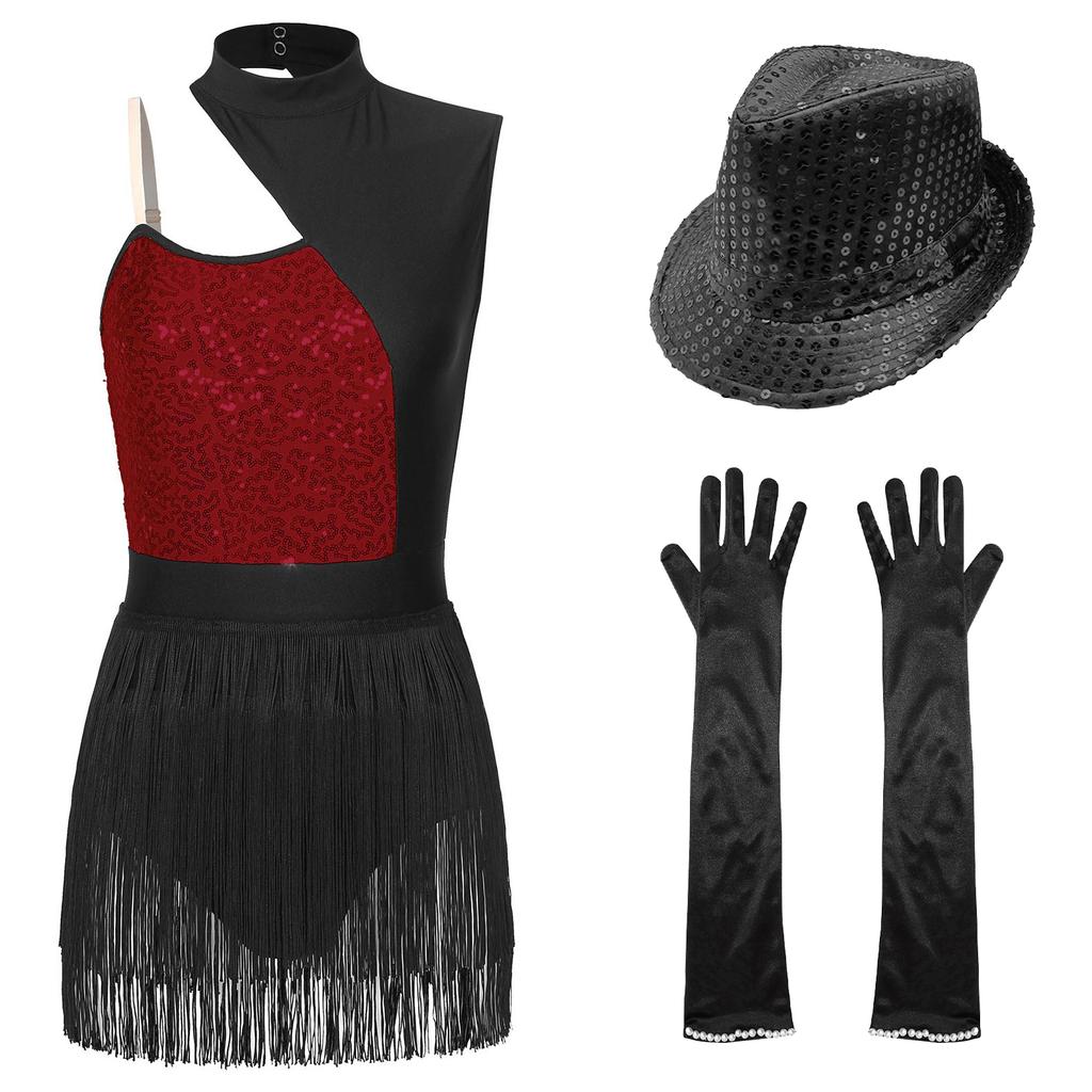 Womens Latin Jazz Dance Outfit Cutout Sleeveless Leotard Shiny Sequins Contrast Color Patchwork Fringed Bodysuit Gloves Hat