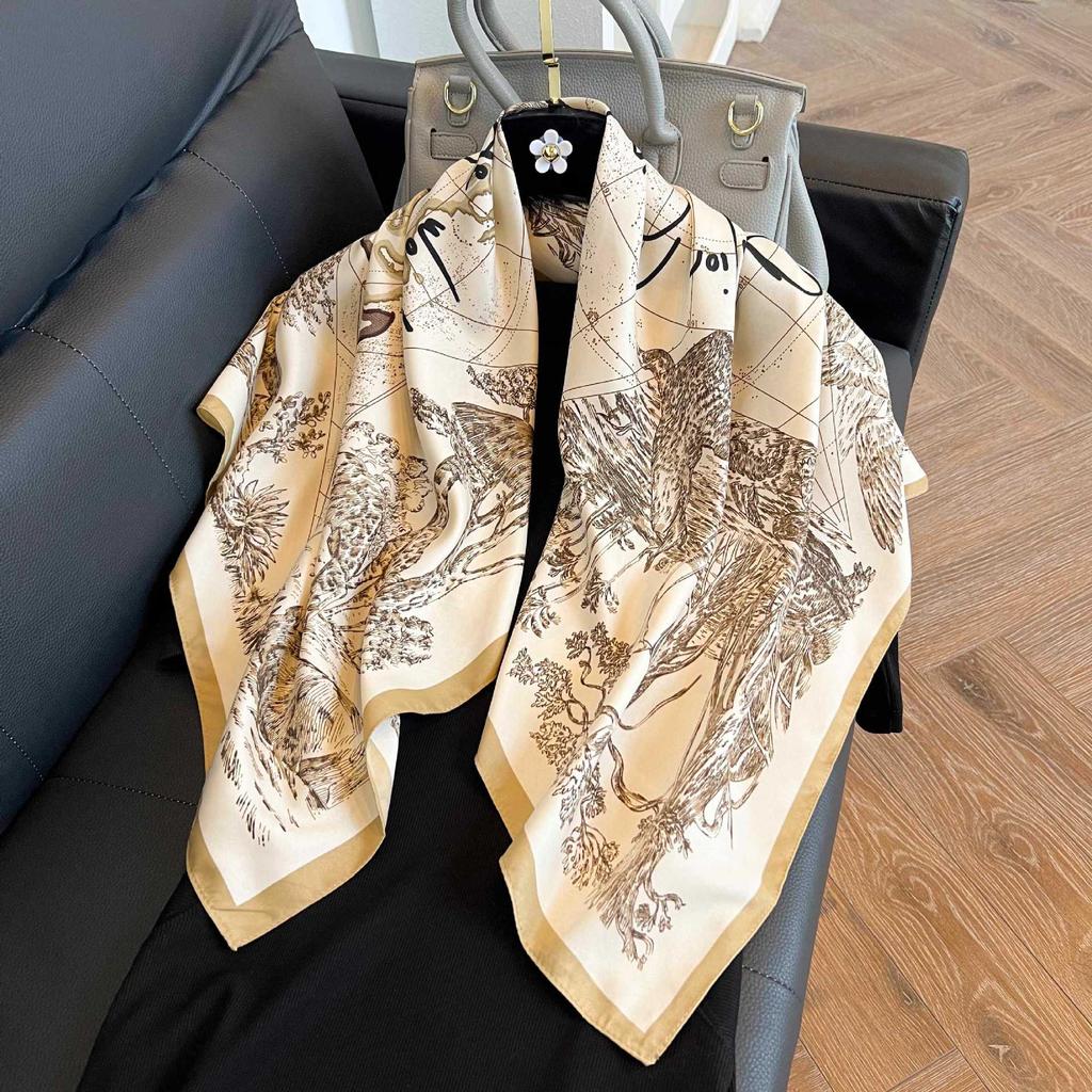 Color block silk scarf Korean version printing color matching scarf twill silk large square scarf 91x91cm shawl sunscreen travel headscarf