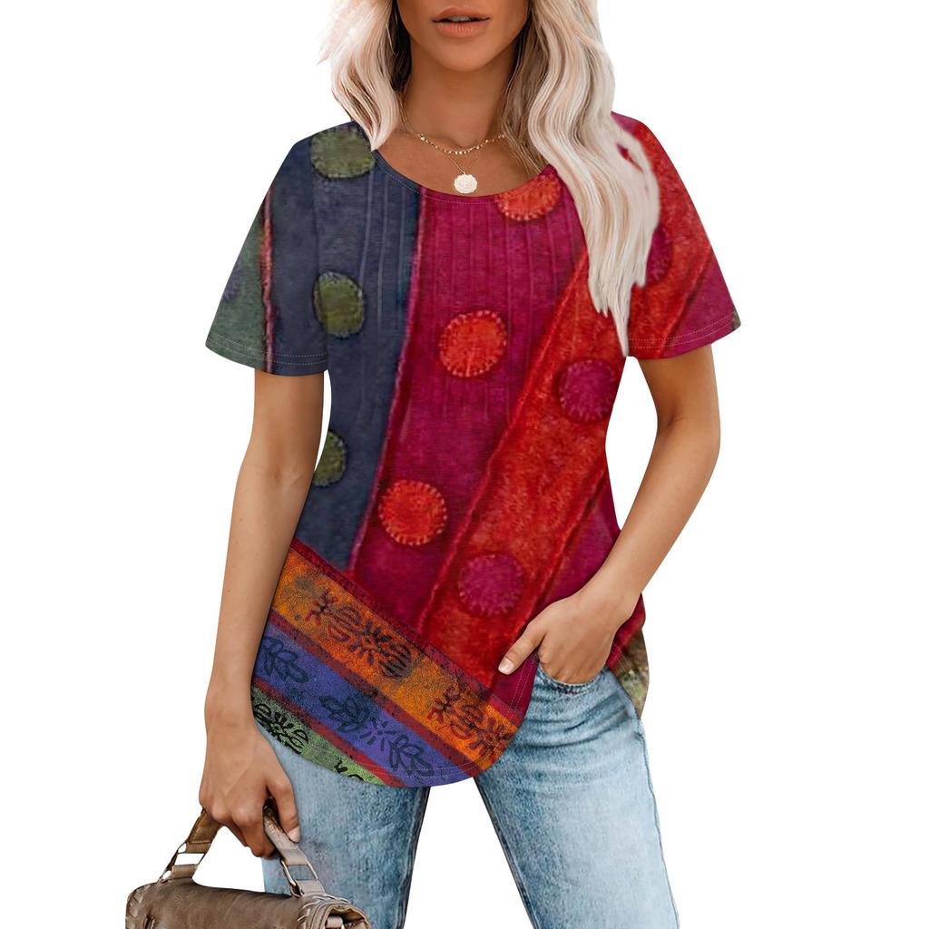 Women's Fashionable Casual Pleated Round Neck  Printed Short Sleeved T-shirt Top