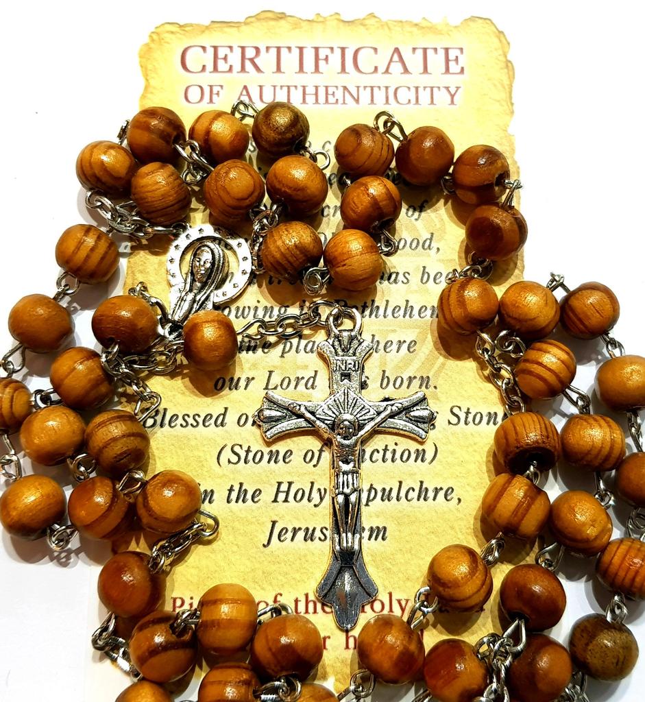 Деревянные четки, католическое ожерелье, 8 мм, деревянные круглые бусины, Иерусалимский крест-четки, распятие Девы Марии, центральный элемент с сертификатом