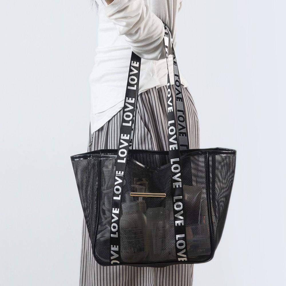 Portable Mesh Shoulder Bag Large Capacity Transparent Makeup Storage Bag Hollow Multifunctional Beach Bags Women