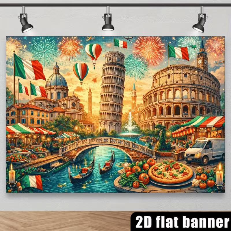 2D Colorful Italian Culture Backdrop with Landmarks, Pizza & Gondolas