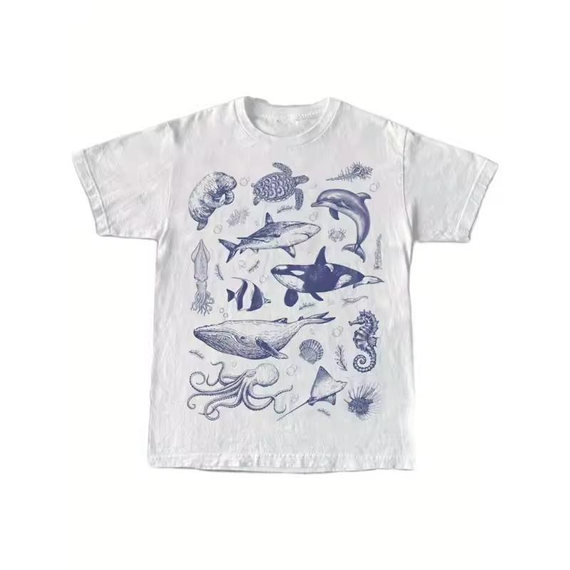 Men's Retro Marine Creature Pattern T shirt Men's T shirt Y2K Summer New Trend Fashionable Unisex T shirt