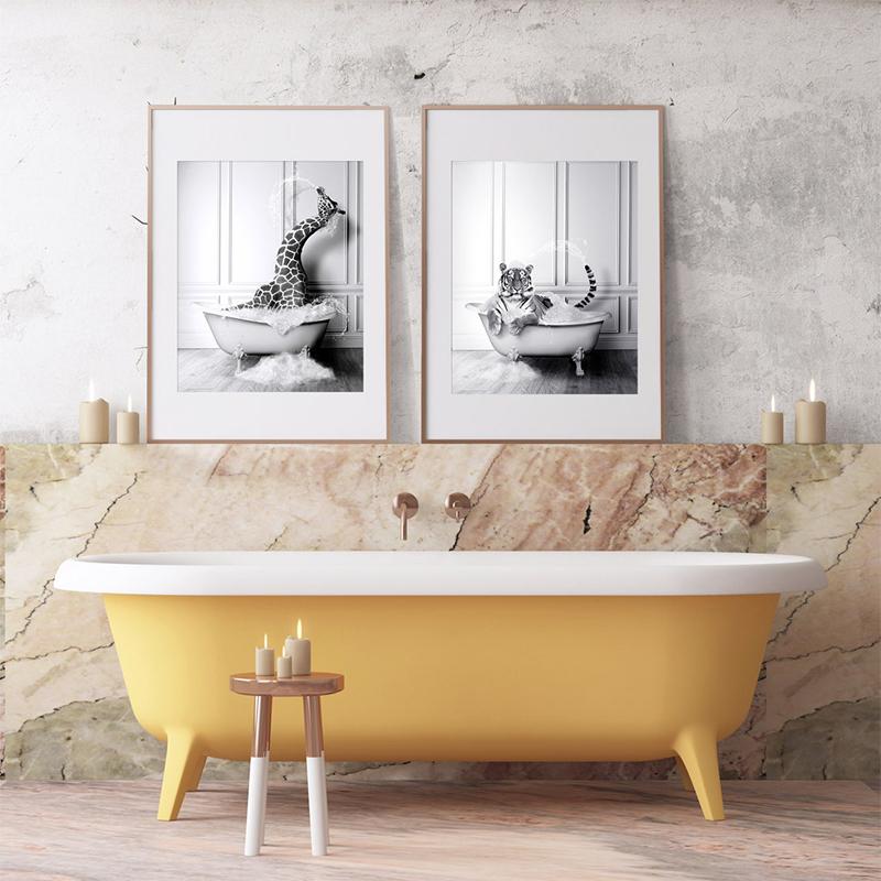 New Arrival Black White Animals In Tub Bathroom Wall Art Canvas Painting Posters and Prints Wall Pictur for Room Decor One Piece