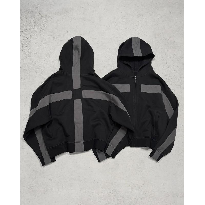 Унисекс Оверсайз Худи на молнии с вышитой нашивкой-крестом Streetwear Повседневный Пуловер с длинным рукавом