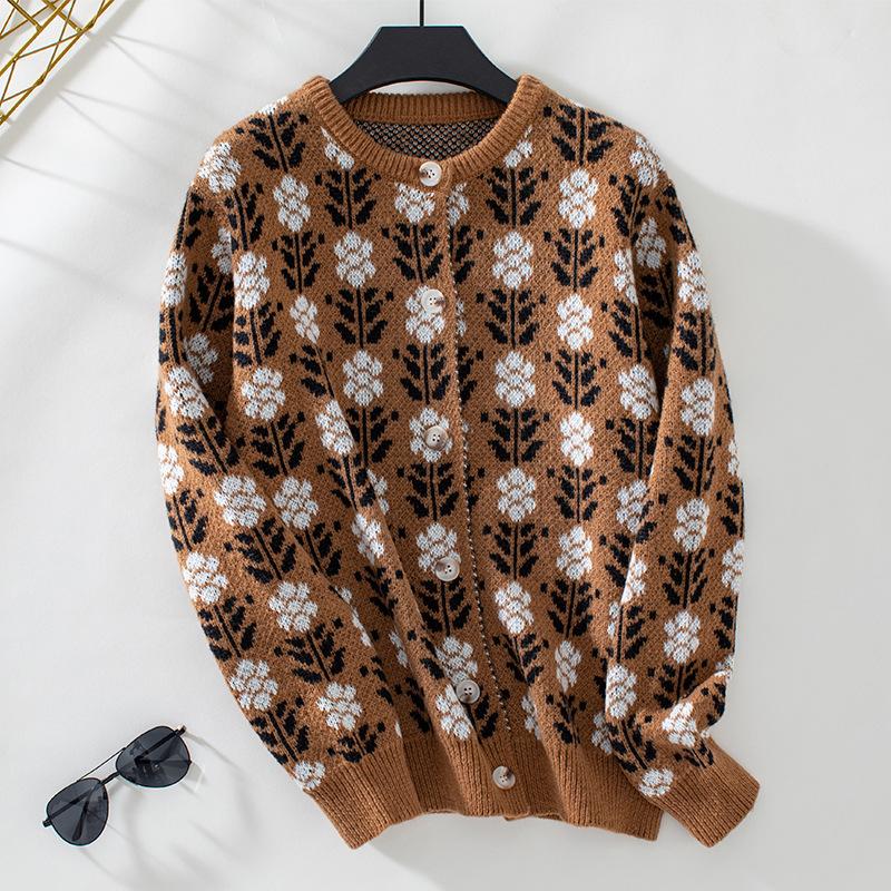 Жаккардовый кардиган с цветочным узором для женщин, свободный, с длинным рукавом, на одной пуговице, с воротником-шарфом, свитер, пальто