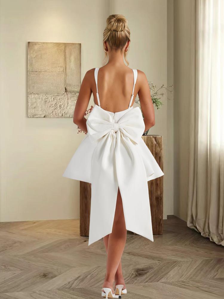Sweet Spaghetti Strap Backless Dress with Large Bow - 2025 Spring Collection