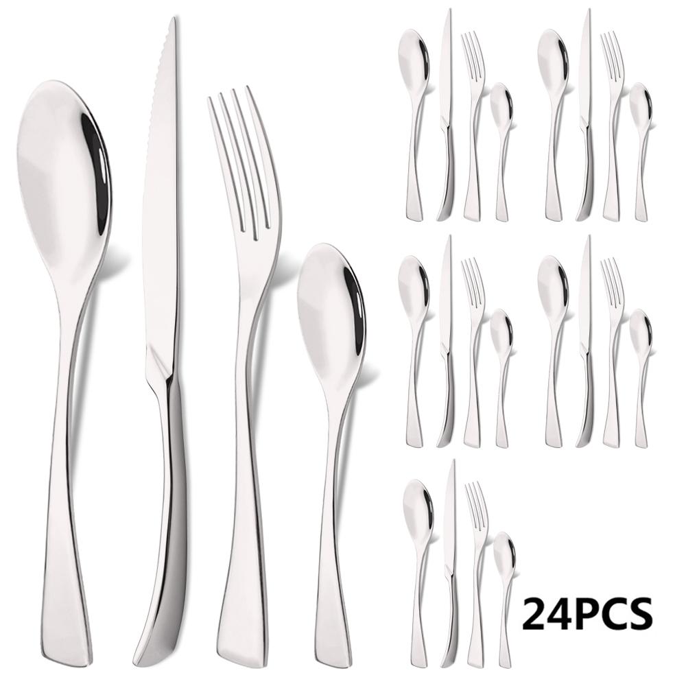 24Pcs Black Dinnerware 18/10 Stainless Steel Flatware Set Steak Knife Fork Spoon Teaspoon Cutlery Set Food Tableware Silverware