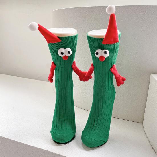1 Pair Christmas Couple Socks Cartoon Shape Magnetic Hand-linking Festive Mid-tube Thick Warm Anti-slip