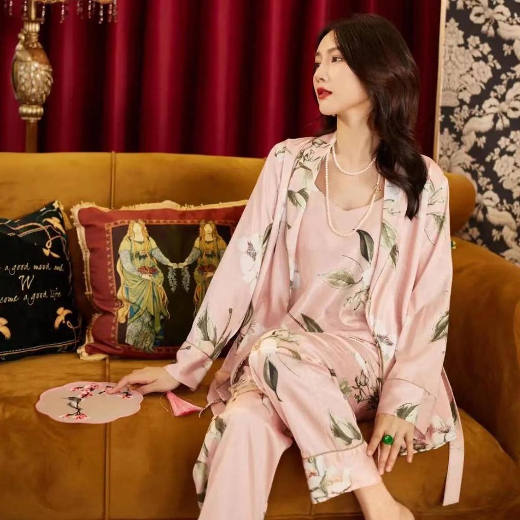 Ice Silk Pajamas Women's Imitation Silk Nightgown Sling Three-piece Set Summer New Style Outfit for Home