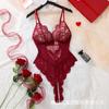 European and American burgundy deep V perspective shapewear onesie pure desire sexy lace hollow crotch sex pajamas