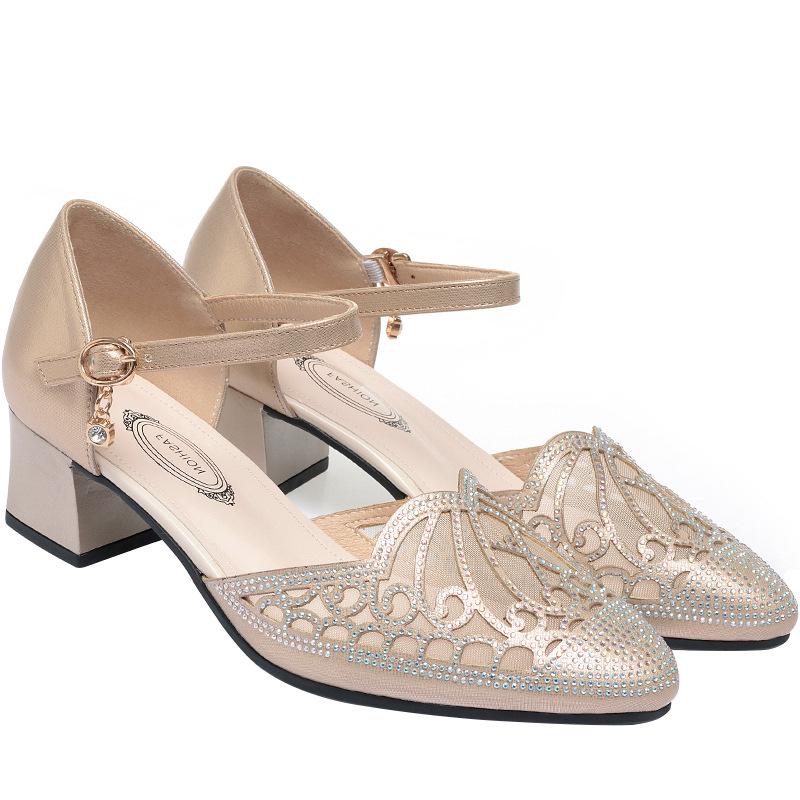 Gold Chunky Heel Mesh Sandals for Women - 2022 Summer Style, One-Strap, Hollowed Design for Middle-Aged Women