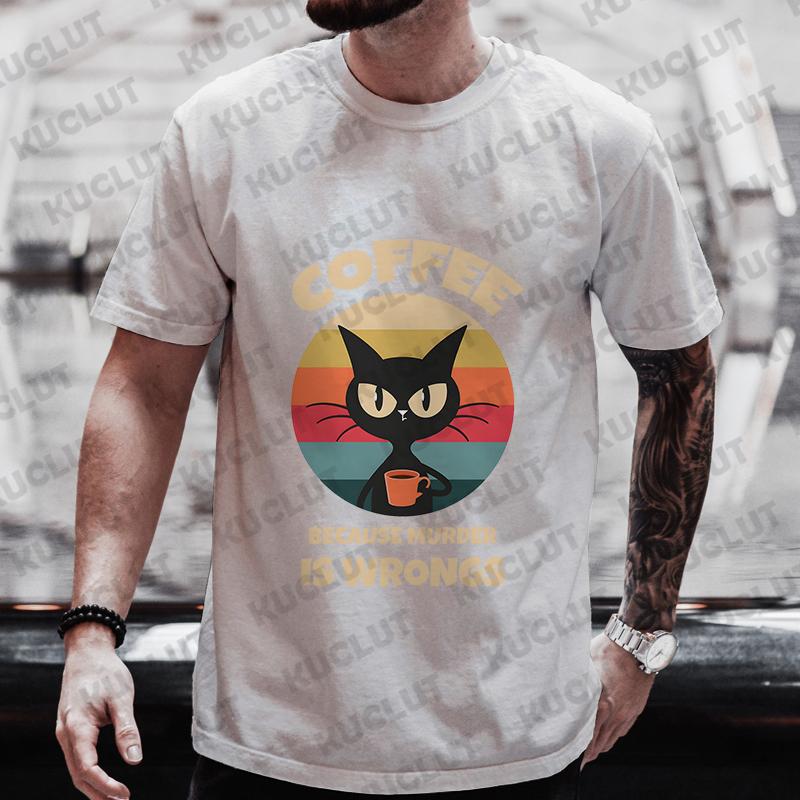 Мужская уличная одежда Cat Lover Funny Coffee Because Murder Print Футболка с коротким рукавом и круглым вырезом Уличная летняя футболка