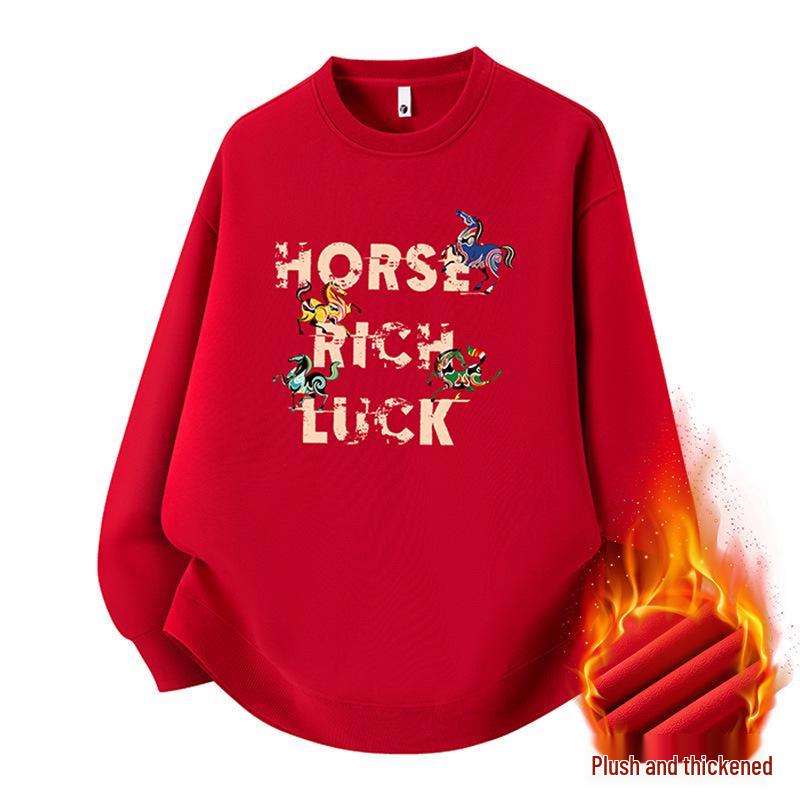 2025 Unisex Red Round Neck Year of the Horse Sweatshirt with Custom Logo, Thickened for Annual Meeting.