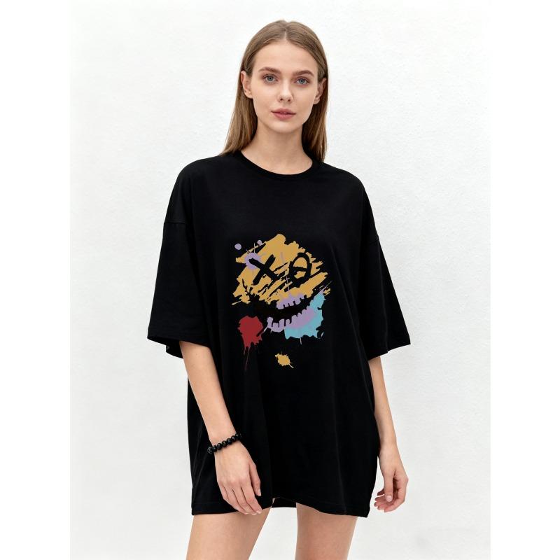 Oversized T Shirt Black Abstract Face Print With XO Graphic Casual Streetwear Fashion Unisex Top For Daily Wear And Outings