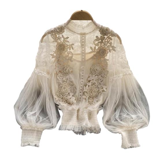 Женская праздничная рубашка с цветочной аппликацией, прозрачная сетка с рукавами-фонариками, тонкая кружевная гофрированная эластичная манжета, круглая